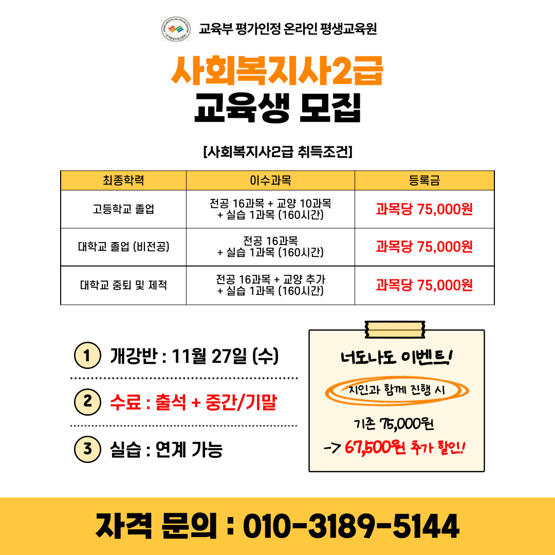 참조 <p>안녕하세요.</p><p><br></p><p><br></p><p>국가평생교육진흥원 평가교육훈련기관</p><p>강민희 팀장입니다.</p><p><br></p><p><br></p><p>사회복지사2급은 보건복지부 장관으로부터 발급받는&nbsp;</p><p>무시험 국가자격증입니다.</p><p><br></p><p><br></p><p>차후 국가시험 도입 될 가능성이 점점 커지고 있어서</p><p>무시험으로 가능할 때 미리 준비하시는 것이 좋습니다.</p><p><br></p><p>게다가, 수업은 합격보장반으로 이뤄져 있어서</p><p>과락 시, 수강료 환불 지원도 가능합니다.</p><p><br></p><p><br></p><p>【이수 교육원】</p><p>㉠ 공동체 원격평생교육원</p><p>㉡ 개강일 : 11월 27일 (수)</p><p><br></p><p><br></p><p>【사회복지사2급 취득 조건】</p><p>㉠ 고등학교 졸업자 : 전공 16과목 + 실습 1과목 + 교양 10과목</p><p>㉡ 대학교 중퇴자 : 전공 16과목 + 실습 1과목 + 추가 과목</p><p>㉢ 비전공 졸업자 : 전공 16과목 + 실습 1과목</p><p><br></p><p><br></p><p>【소요 기간】</p><p>㉠ 평균 3학기~ 4학기 (학기당 15주)</p><p><br></p><p>【합격보장반】</p><p>㉠ 보장기준 : 온라인 출석 + 중간/기말 응시 (과제, 토론X)</p><p>㉡ 과락 시 환불! (단, 강의와 중간/기말은 무조건 응시 필수)</p><p><br></p><p>【수강료】</p><p>㉠ 온라인 과목 : 75,000원 (기존 50%할인 + 지인 동반 시 5% 추가 할인)</p><p>㉡ 실습 과목 : 30만원 (단, 수도권 외 지역은 35~40만원)</p><p><br></p><p><br></p><p>【요양보호사 단축시간】</p><p>㉠ 사회복지사2급 보유 시 : 요양보호사 교육 360시간 -&gt; 50시간 단축</p><p>(2024년 기준)</p><p><br></p><p><br></p><p>【민간자격증 무시험 발급】</p><p>㉠ 민간자격증 분야 : 방과후지도, 심리상담, 아동전문, 전문상담, 전문강사, 교양, 커피, IT, 안전 분야</p><p>㉢ 발급 조건 : 고등학교 졸업자 이상 + 평생교육원 수강생</p><p><br></p><p><br></p><p>※ 이 외 추가적으로 궁금 사항 있을 경우</p><p>아래 연락처 &amp; 메일로 답신 주시면 최선을 다해 도움 드리겠습니다.</p><p><br></p><p><br></p><p>감사합니다.</p><p><br></p><p><br></p><p>【전화 문의】 : 010-3189-5144</p><p>【메일 문의】 : pass_00 @ naver.com</p><p>【예약 상담】 : https://naver.me/FDncGC7i</p>